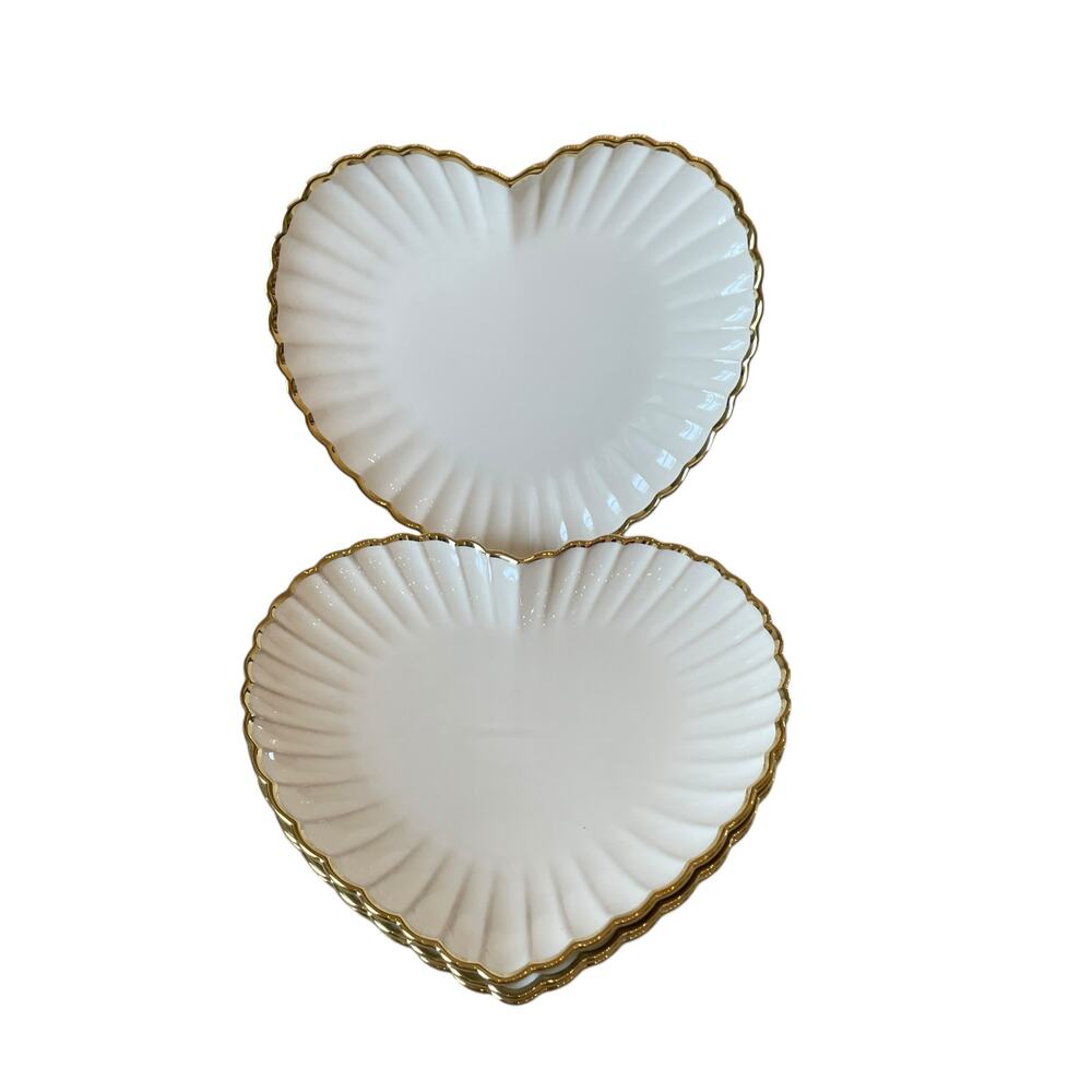 4pc BELLA LUX Heart Shaped Plates 11.25" Glazed Ceramic Scalloped Gold Rim New